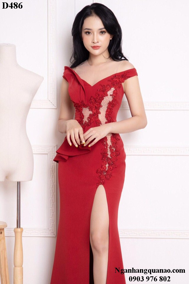 Đầm dạ hội đỏ thiết kế trễ vai cúp ngực sang trọng TVNNL  maxivn